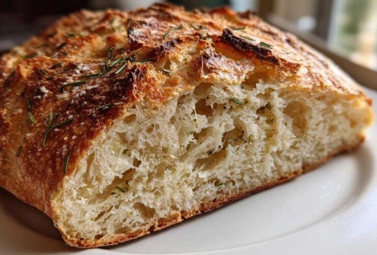 Close-up of a freshly baked artisan bread loaf, showing the open, airy crumb texture and rosemary topping.
