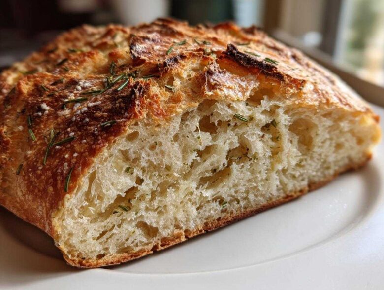 Close-up of a freshly baked artisan bread loaf, showing the open, airy crumb texture and rosemary topping.