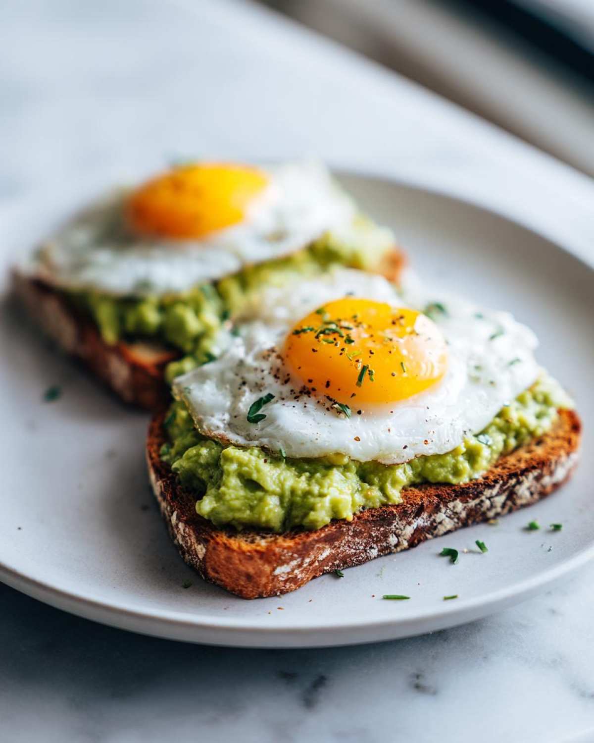 Close-up of two slices of avocado toast topped with mashed avocado and sunny-side-up fried eggs, seasoned with pepper.