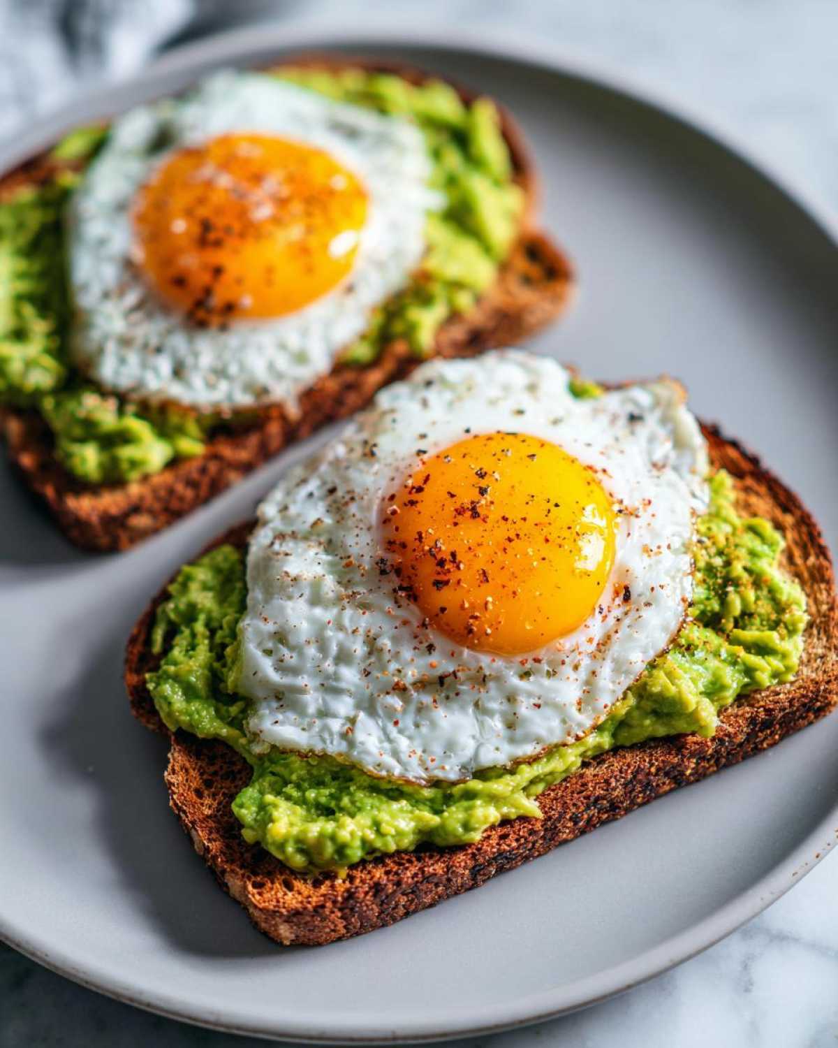Two slices of dark toast topped with mashed avocado and a sunny-side-up fried egg, seasoned with pepper, making perfect avocado toast.