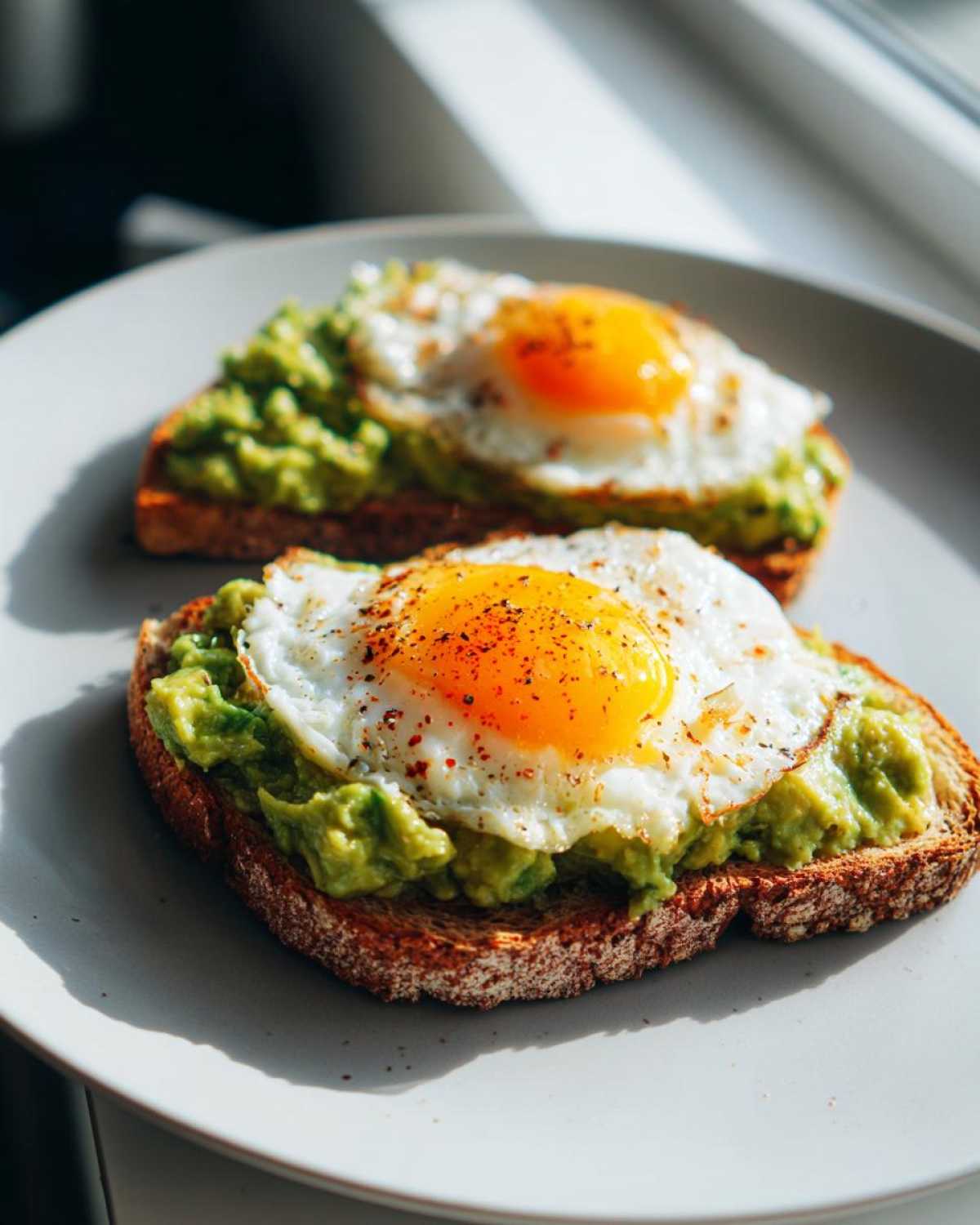 Two slices of hearty avocado toast topped with mashed avocado and sunny-side-up eggs seasoned with pepper, ready for eating.
