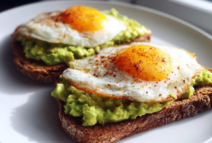 Close-up of two slices of avocado toast topped with mashed avocado and perfectly fried eggs sprinkled with seasoning.