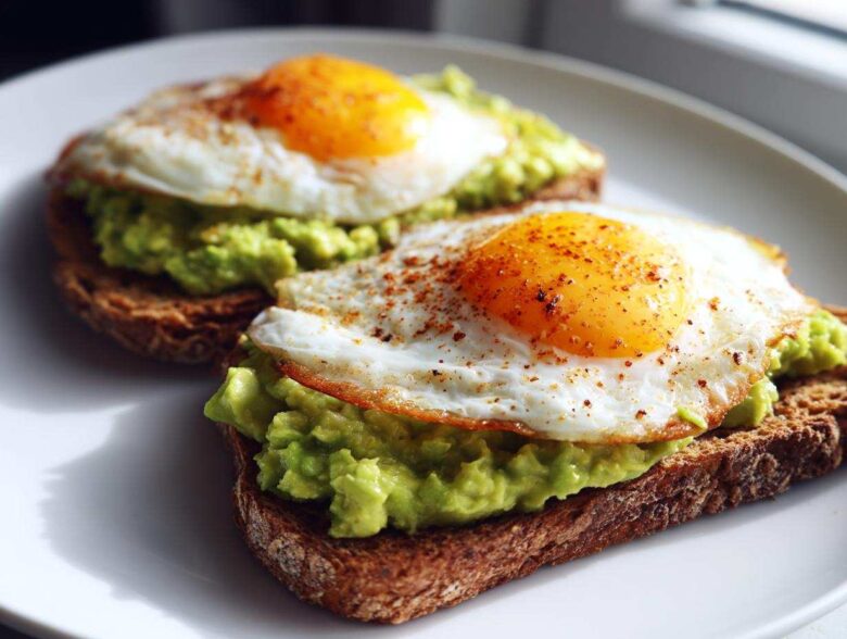 Close-up of two slices of avocado toast topped with mashed avocado and perfectly fried eggs sprinkled with seasoning.