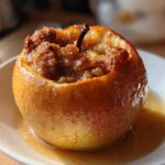 A close-up of a single baked apple, glistening with syrup and topped with a cinnamon crumble filling.