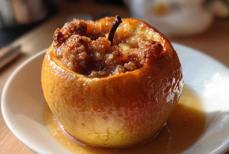 A close-up of a single baked apple, glistening with syrup and topped with a cinnamon crumble filling.