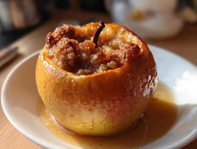 A close-up of a single baked apple, glistening with syrup and topped with a cinnamon crumble filling.