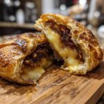 Close-up of a baked brie wrapped in flaky pastry, cut in half to show the melted cheese and pecan filling.