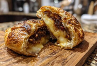 Close-up of a baked brie wrapped in flaky pastry, cut in half to show the melted cheese and pecan filling.