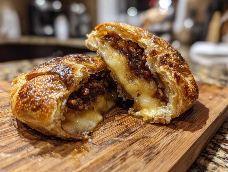 Close-up of a baked brie wrapped in flaky pastry, cut in half to show the melted cheese and pecan filling.