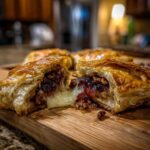 Close-up of baked brie pastry cut open showing melted cheese stretching between layers of flaky crust and pecan filling.