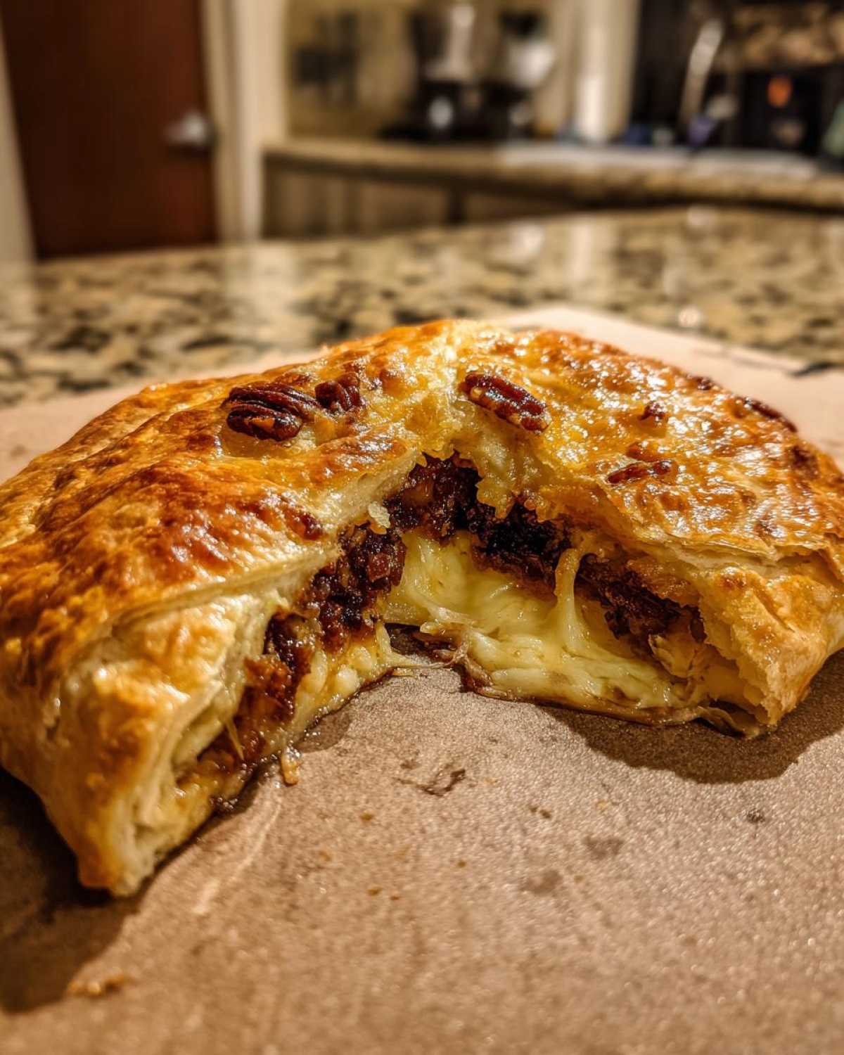 Close-up of baked brie wrapped in pastry, cut open to show melted cheese and pecan filling.