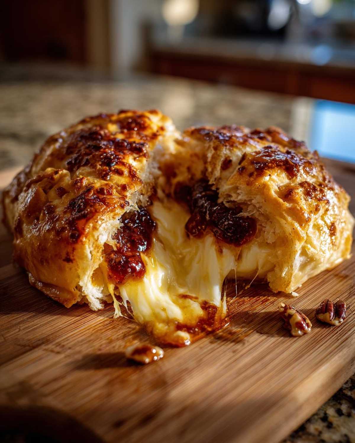 Close-up of a golden baked brie wrapped in pastry, oozing melted cheese and jam filling.