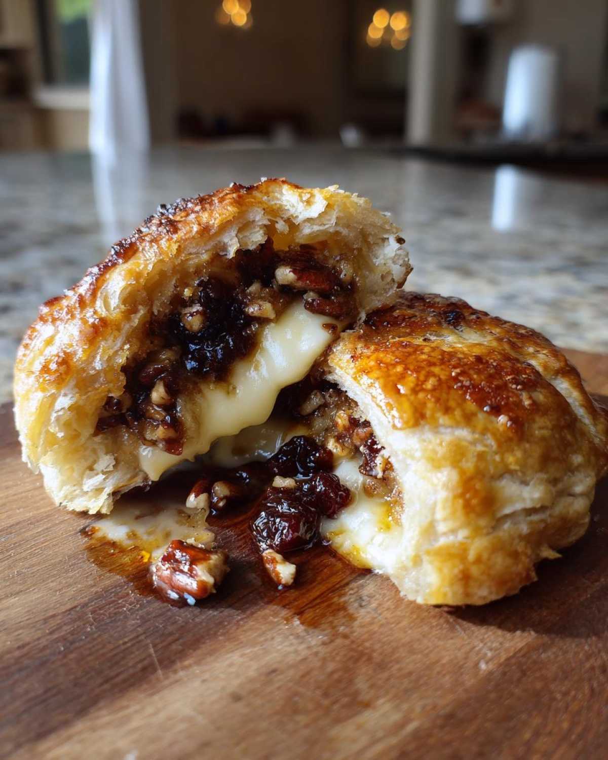 Cross-section of baked brie wrapped in pastry, showing melted cheese oozing out with pecans and dried fruit.