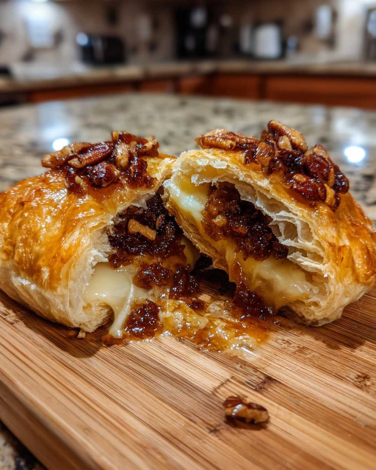 Close-up of baked brie wrapped in puff pastry, cut open to show melted cheese and pecan topping.