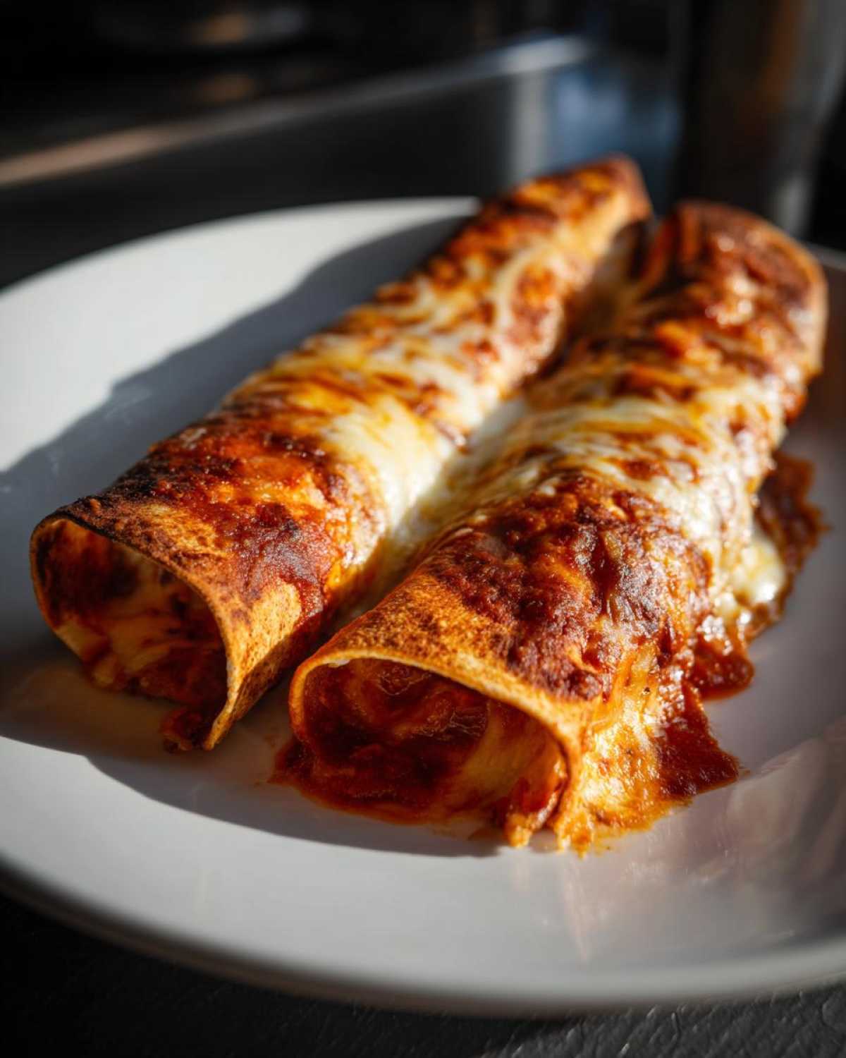 Close-up of two baked cheese enchiladas covered in melted, bubbly cheese and red sauce on a white plate.