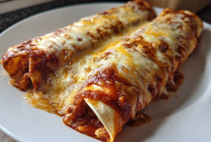 Close-up of two baked cheese enchiladas smothered in red sauce and melted white cheese.