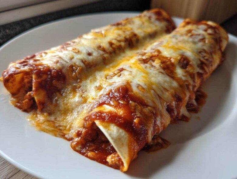 Close-up of two baked cheese enchiladas smothered in red sauce and melted white cheese.