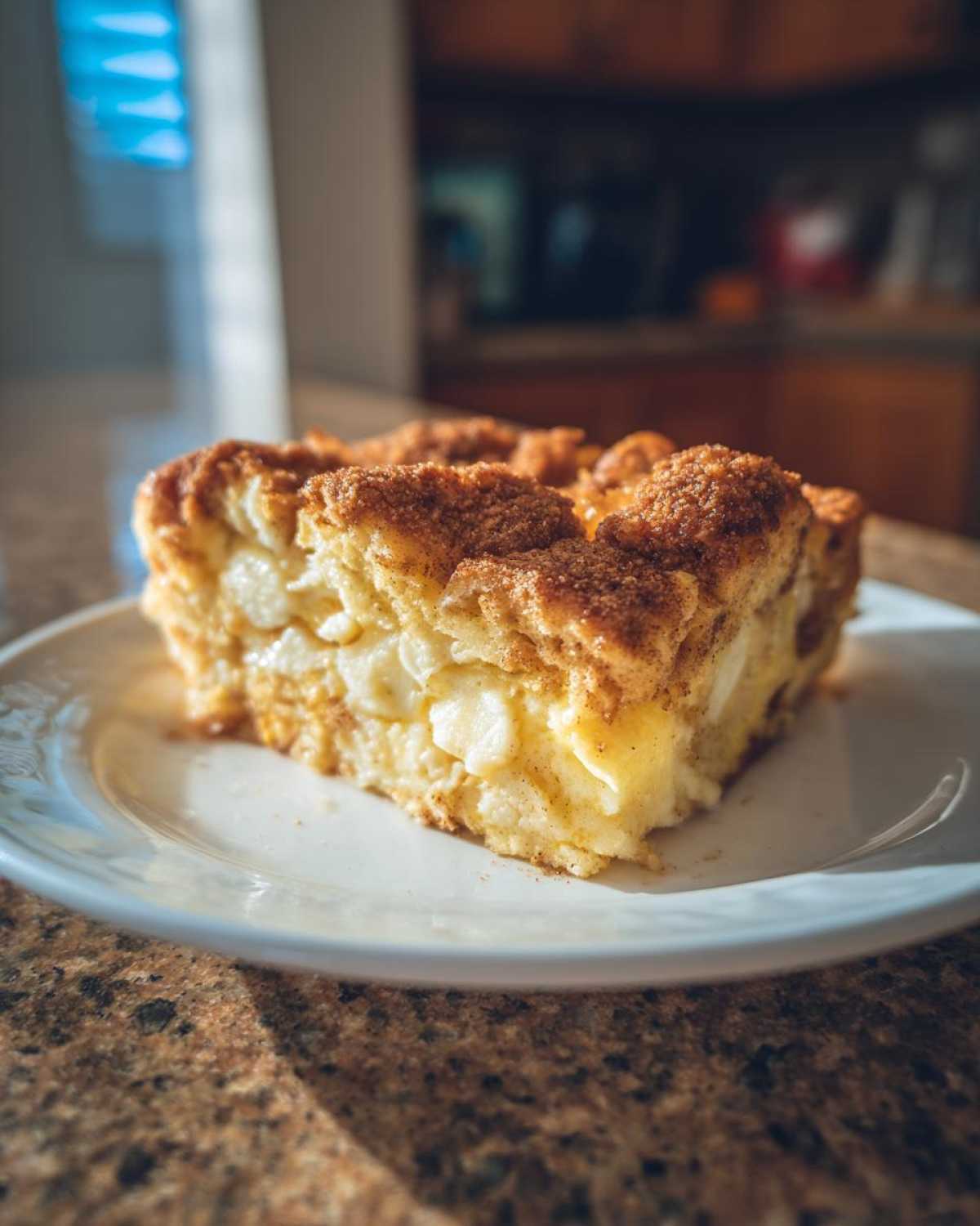A close-up, sunlit slice of baked french toast casserole topped with cinnamon sugar, sitting on a white plate.