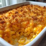 Close-up of creamy, cheesy baked mac and cheese recipe with a golden brown, crunchy breadcrumb topping.