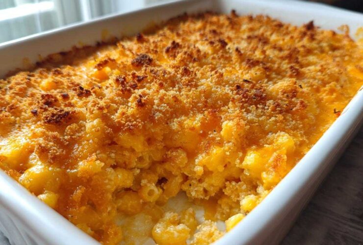 Close-up of creamy, cheesy baked mac and cheese recipe with a golden brown, crunchy breadcrumb topping.
