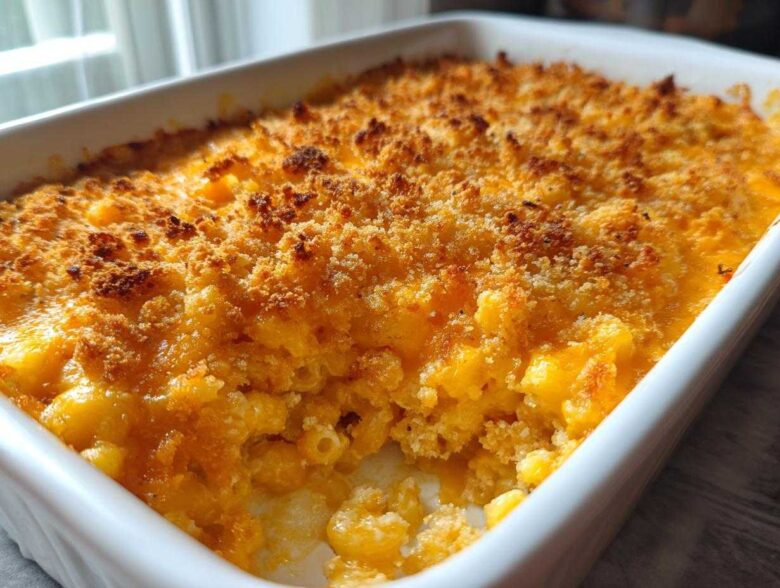 Close-up of creamy, cheesy baked mac and cheese recipe with a golden brown, crunchy breadcrumb topping.