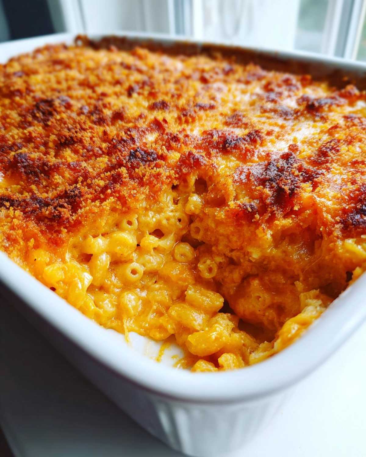Close-up of creamy, cheesy baked mac and cheese recipe with a golden brown, crispy breadcrumb topping.