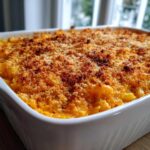 Close-up of creamy baked mac and cheese recipe with a perfectly golden, crunchy breadcrumb topping in a white dish.
