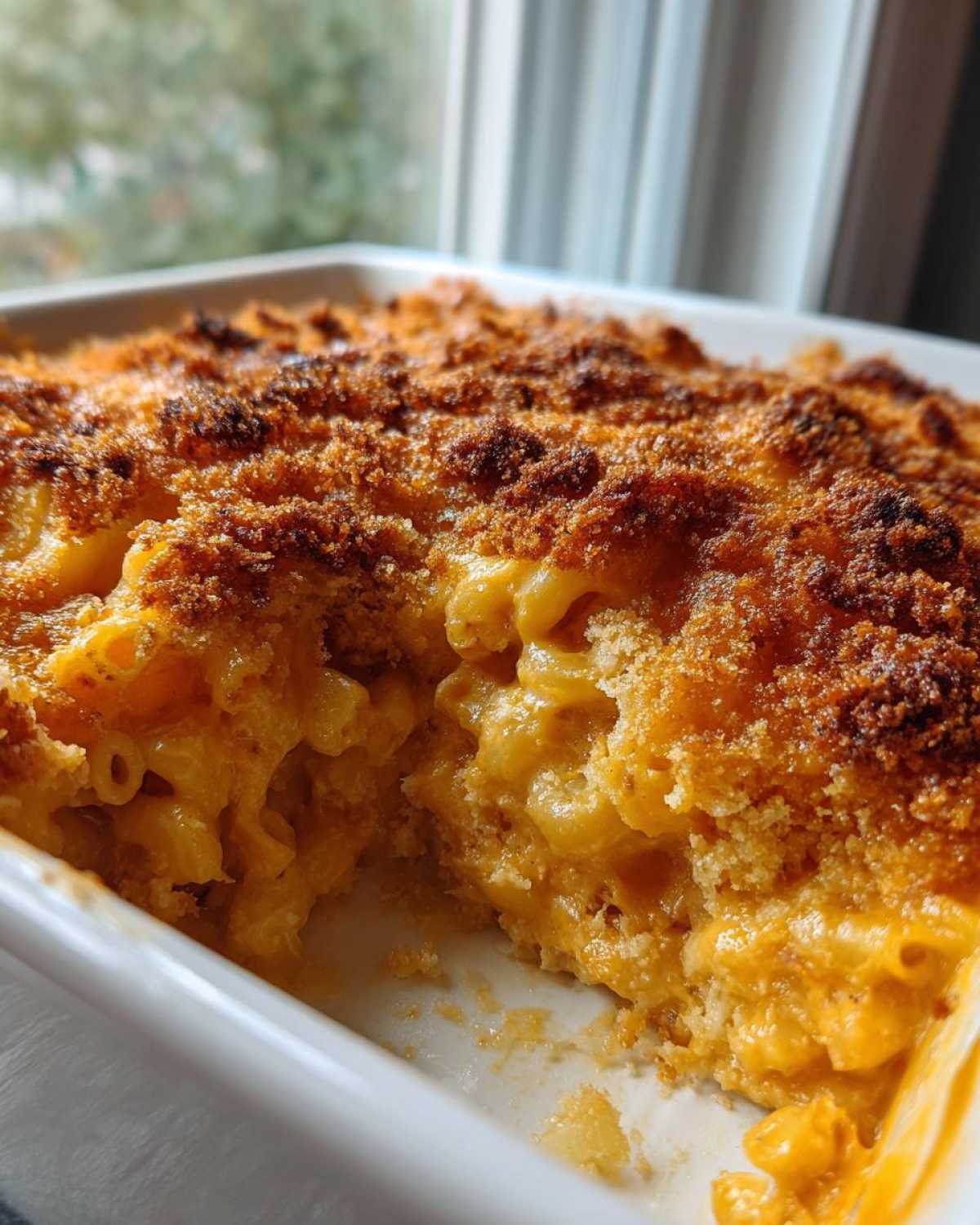 A close-up view of a portion scooped out of a baked mac and cheese recipe showing creamy interior and crispy brown topping.