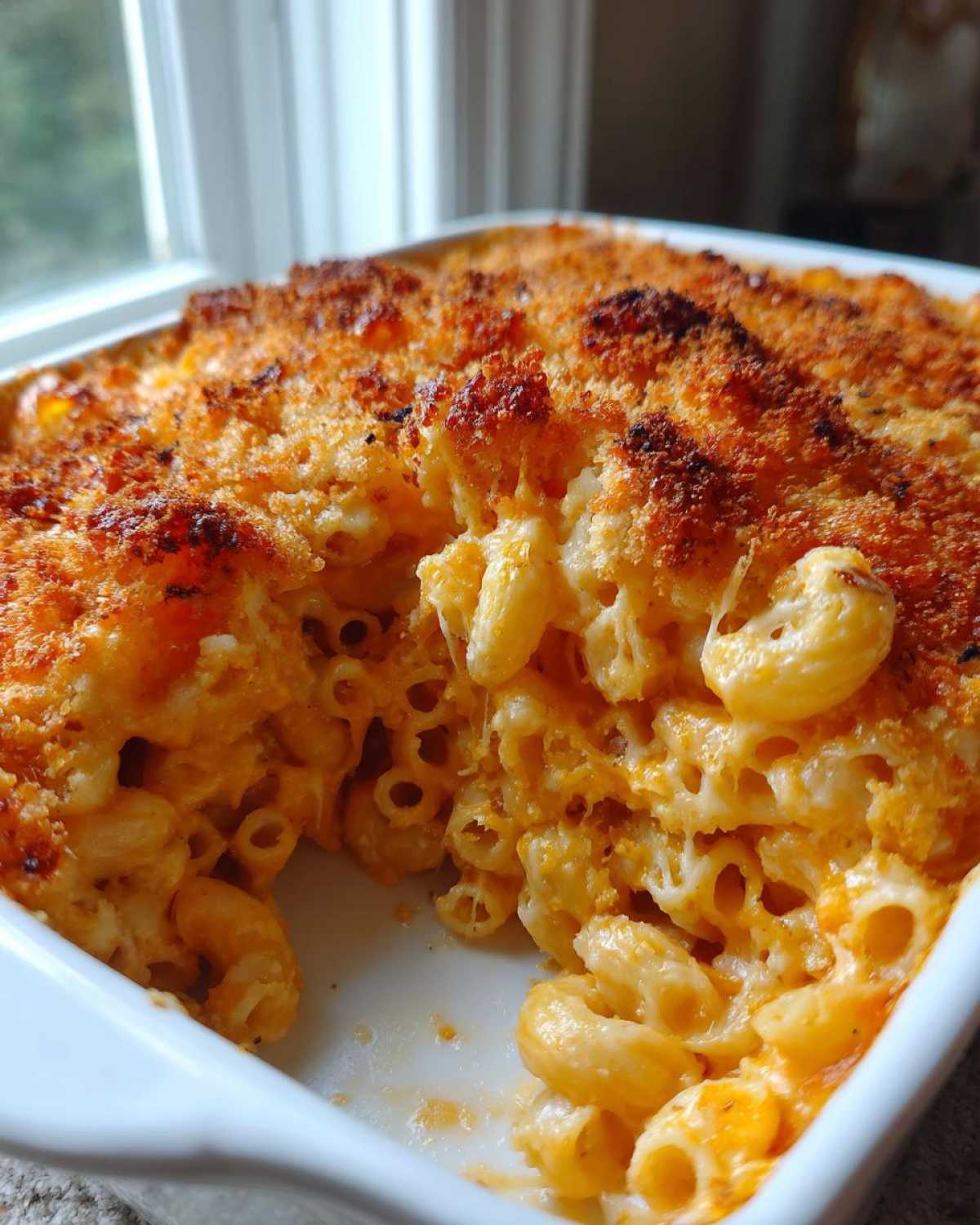 A scoop has been taken out of the baked mac and cheese recipe, showing creamy pasta and a golden, crispy breadcrumb topping.