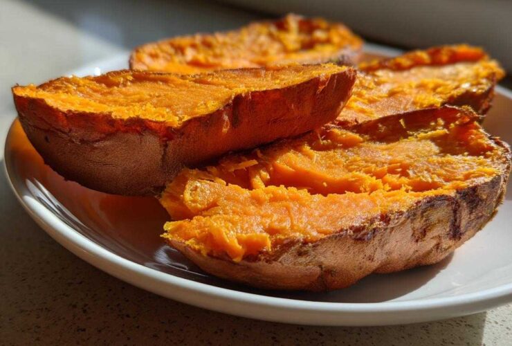 Close-up of bright orange baked sweet potato toast halves resting on a white plate in natural sunlight.