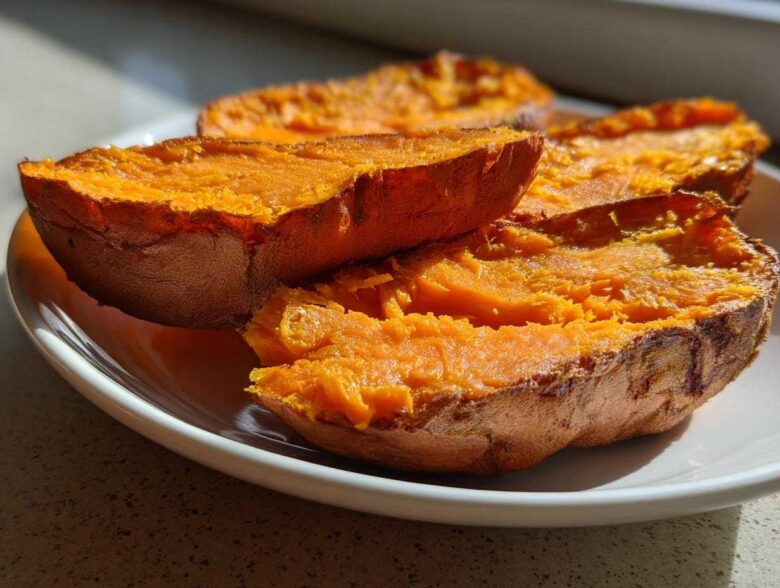 Close-up of bright orange baked sweet potato toast halves resting on a white plate in natural sunlight.