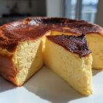 A slice of creamy Basque burnt cheesecake showing its signature dark top and light interior, sitting next to the main cake.