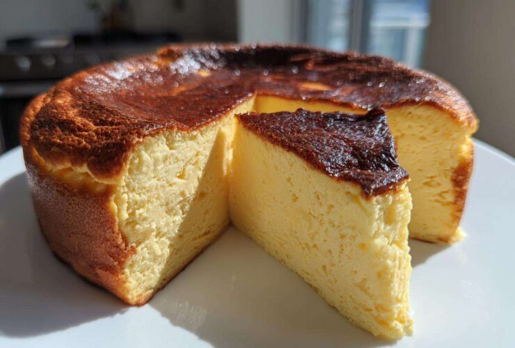 A slice of creamy Basque burnt cheesecake showing its signature dark top and light interior, sitting next to the main cake.