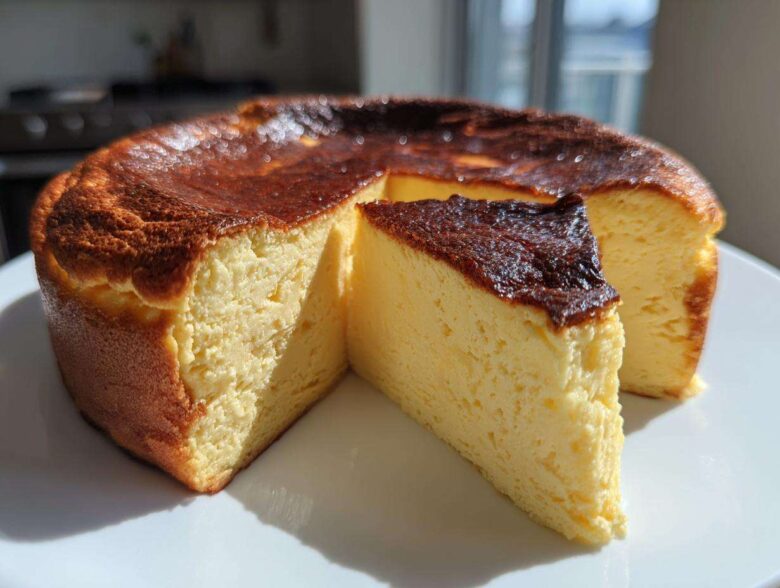 A slice of creamy Basque burnt cheesecake showing its signature dark top and light interior, sitting next to the main cake.