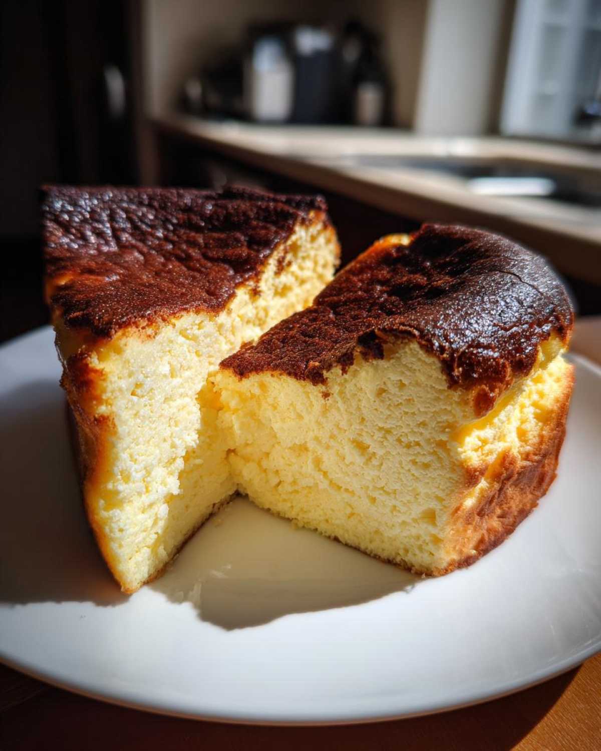 Two slices of creamy, light yellow Basque burnt cheesecake showing the dark caramelized top.