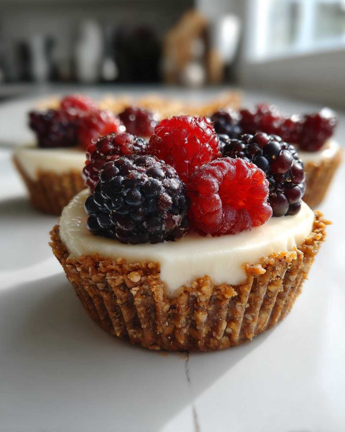 Close-up of a single mini cheesecake with a textured crust, topped with white filling and fresh raspberries and blackberries.
