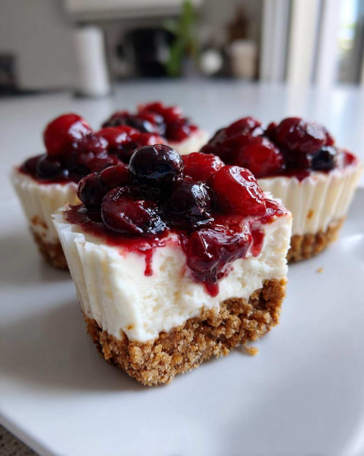 A close-up view of a single mini cheesecake with a thick graham cracker crust and topped with glossy mixed berries.