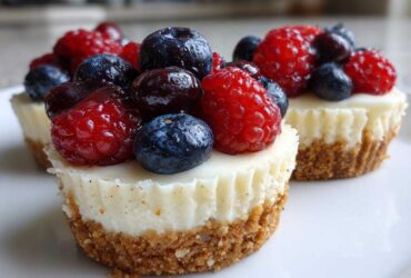 Close-up of two delicious mini cheesecake treats topped generously with fresh raspberries and blueberries.