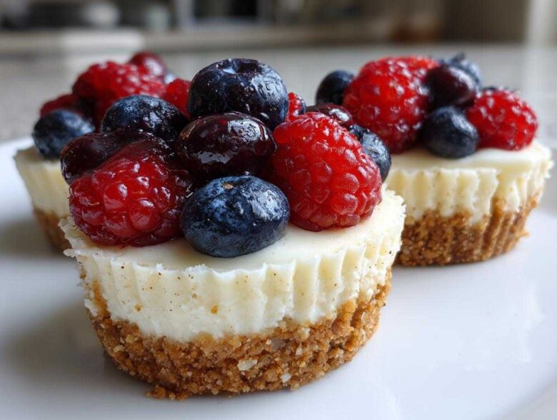 Close-up of two delicious mini cheesecake treats topped generously with fresh raspberries and blueberries.