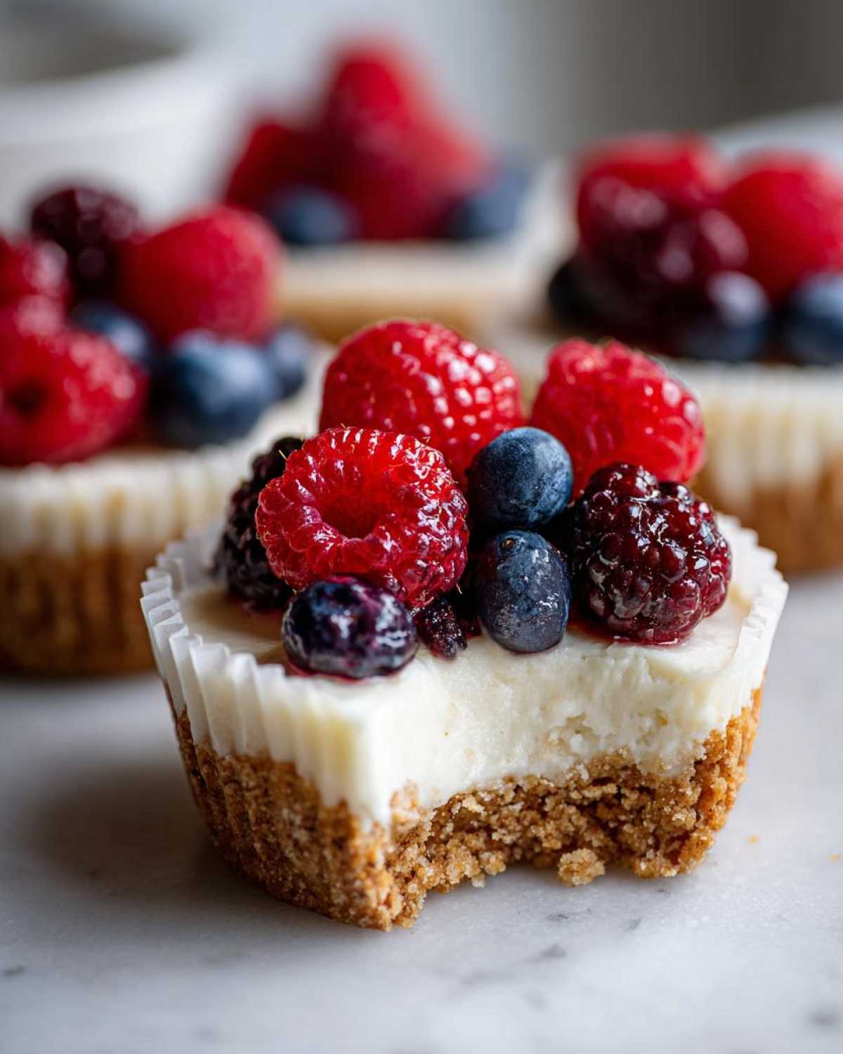 Close-up of a mini cheesecake with a bite taken out, topped with fresh raspberries and blueberries.