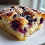 A close-up of a square slice of golden blueberry french toast casserole dusted with powdered sugar on a white plate.