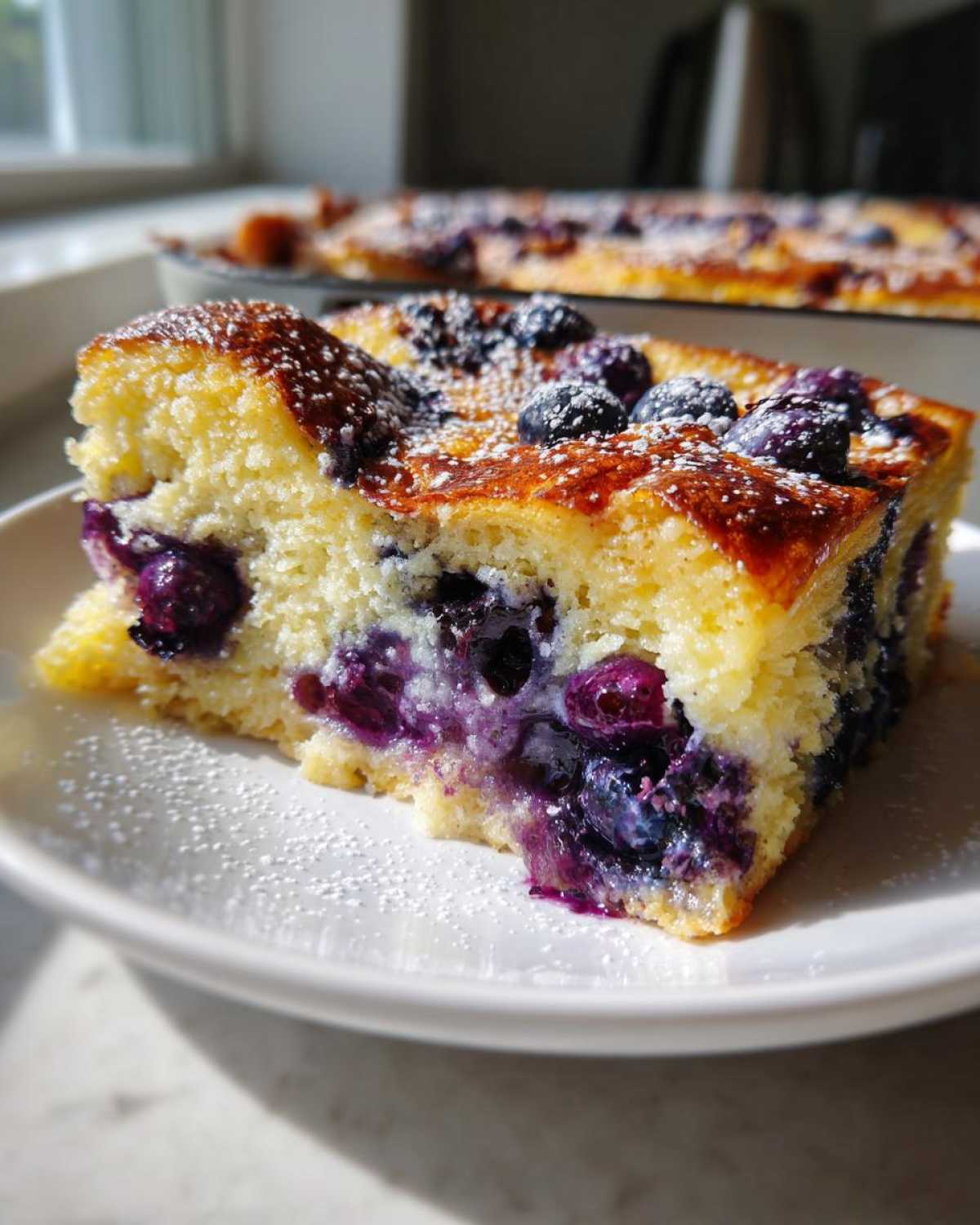 A close-up of a golden slice of blueberry french toast casserole dusted with powdered sugar on a white plate.