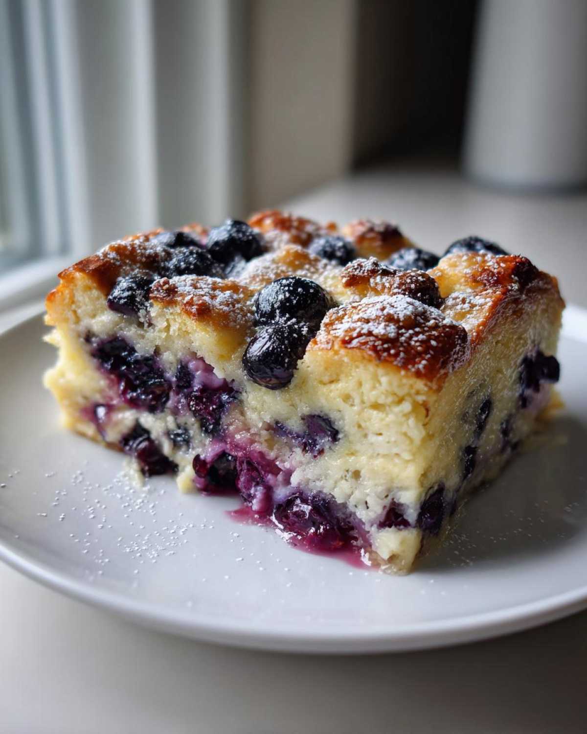 A close-up of a square slice of blueberry french toast casserole, topped with fresh blueberries and powdered sugar, on a white plate.