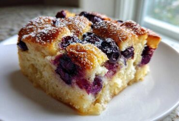 A close-up of a square slice of golden blueberry french toast casserole dusted with powdered sugar on a white plate.