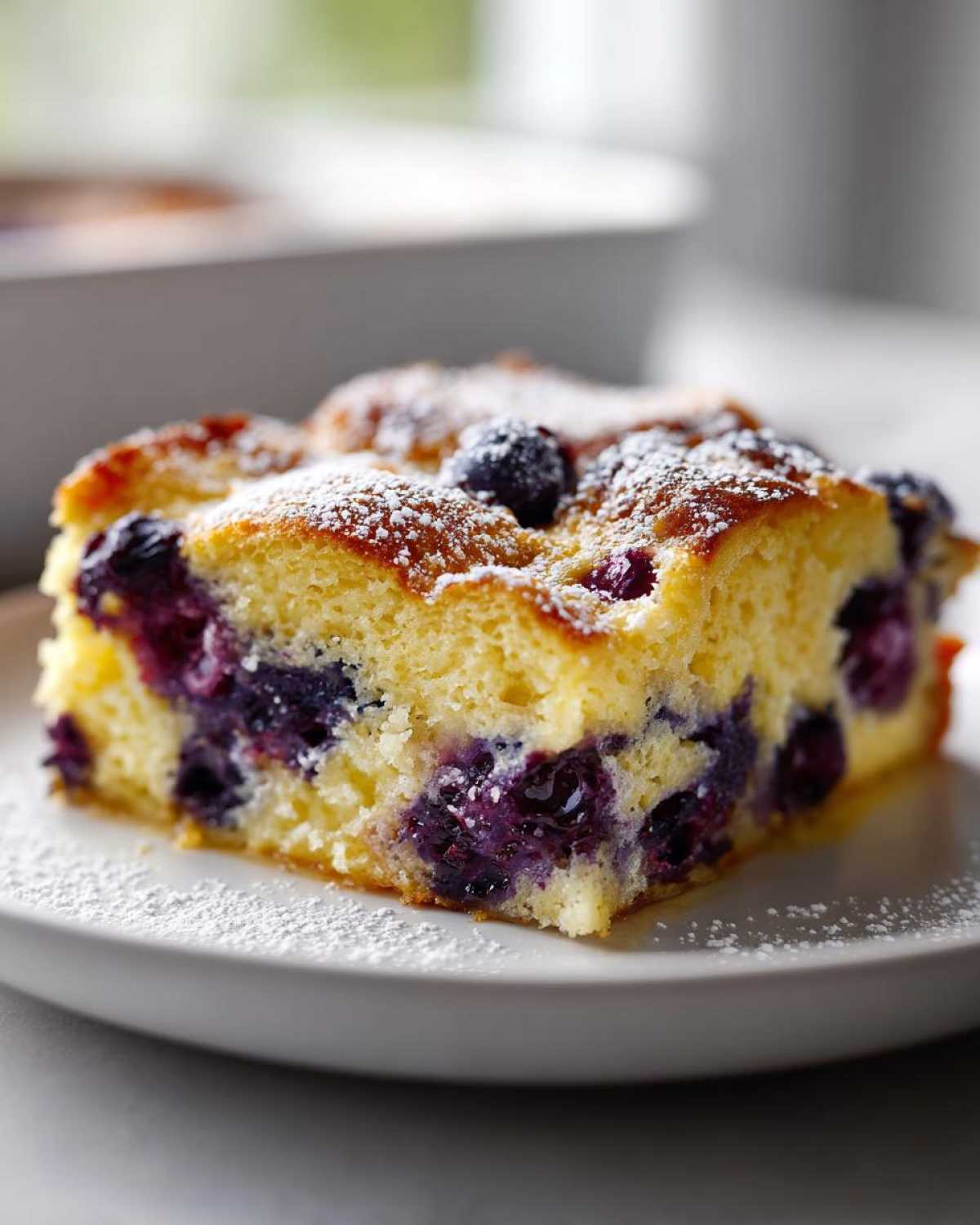 A close-up of a square slice of moist blueberry french toast casserole dusted with powdered sugar on a white plate.