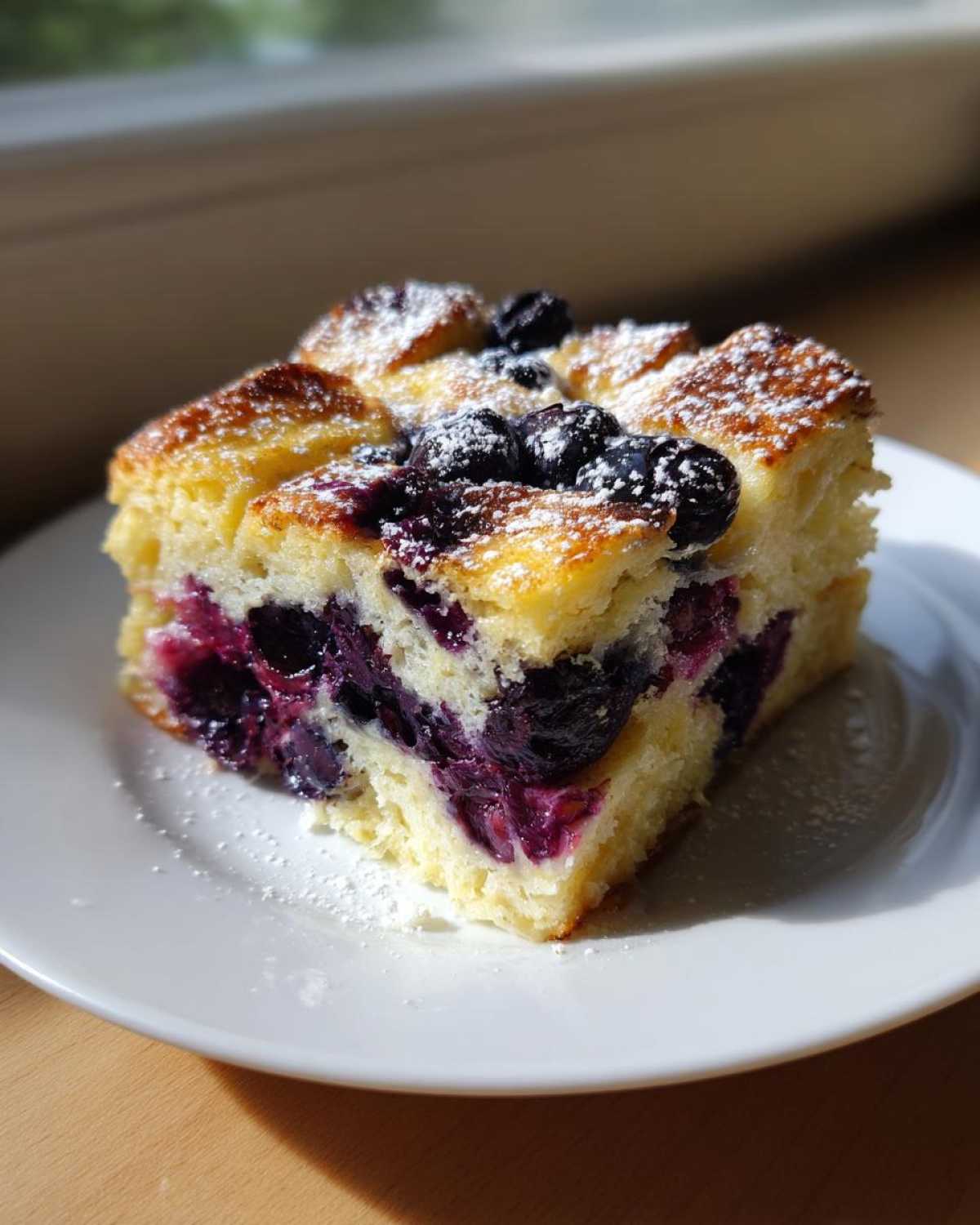 A square slice of golden blueberry french toast casserole topped with fresh blueberries and powdered sugar on a white plate.