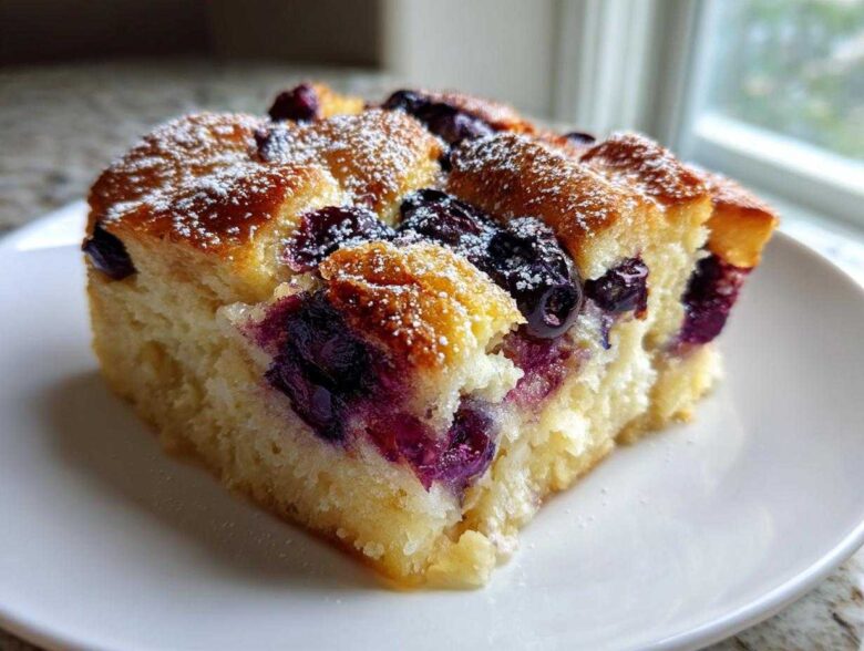 A close-up of a square slice of golden blueberry french toast casserole dusted with powdered sugar on a white plate.