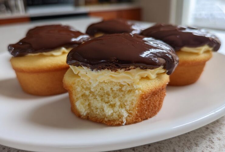 A close-up of delicious boston cream pie cupcakes showing the vanilla cake, pastry cream filling, and chocolate ganache topping.