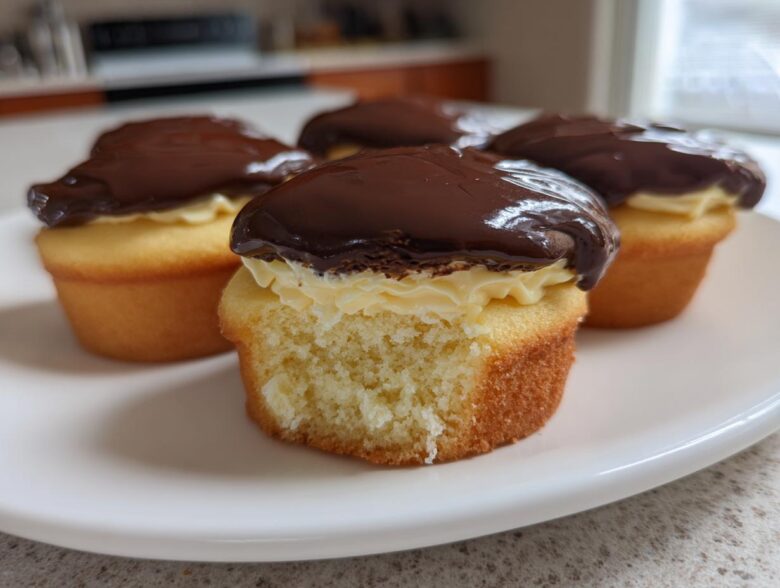 A close-up of delicious boston cream pie cupcakes showing the vanilla cake, pastry cream filling, and chocolate ganache topping.