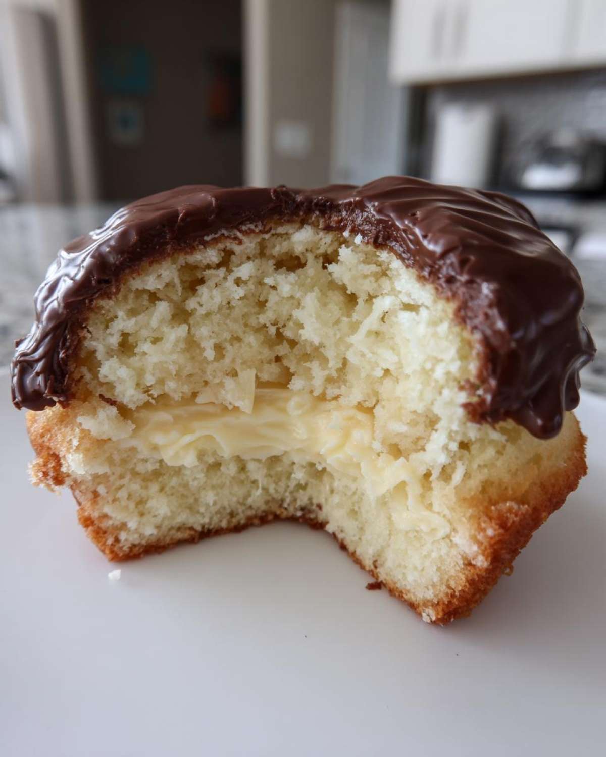 Close-up of a boston cream pie cupcakes cut in half showing vanilla cake, pastry cream filling, and chocolate glaze.